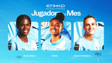 Three Manchester City Women's players are featured in 'Jugadoras del Mes' presented by Etihad. Names include Bunny Shaw, Kerolin, Vivianne Miedema.