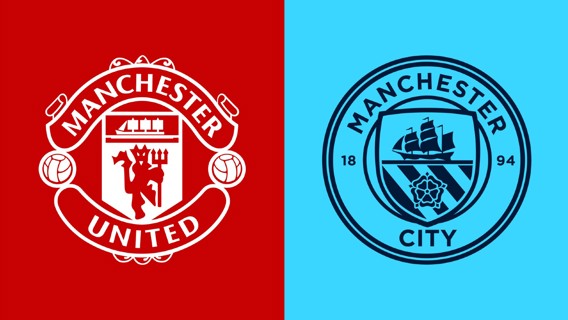 Manchester United and Manchester City logos side by side with red and blue backgrounds.