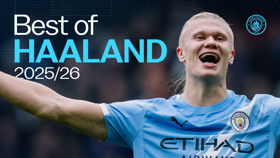 Banner showcasing Manchester City's player Haaland for the 2025/26 season with text 'Best of HAALAND' and Manchester City logo.