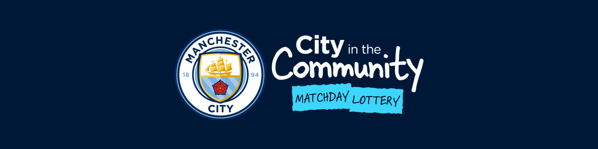 Manchester City logo with City in the Community Matchday Lottery text on a dark blue background.