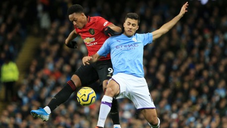 WELCOME: Rodrigo at full throttle in his first Manchester derby.