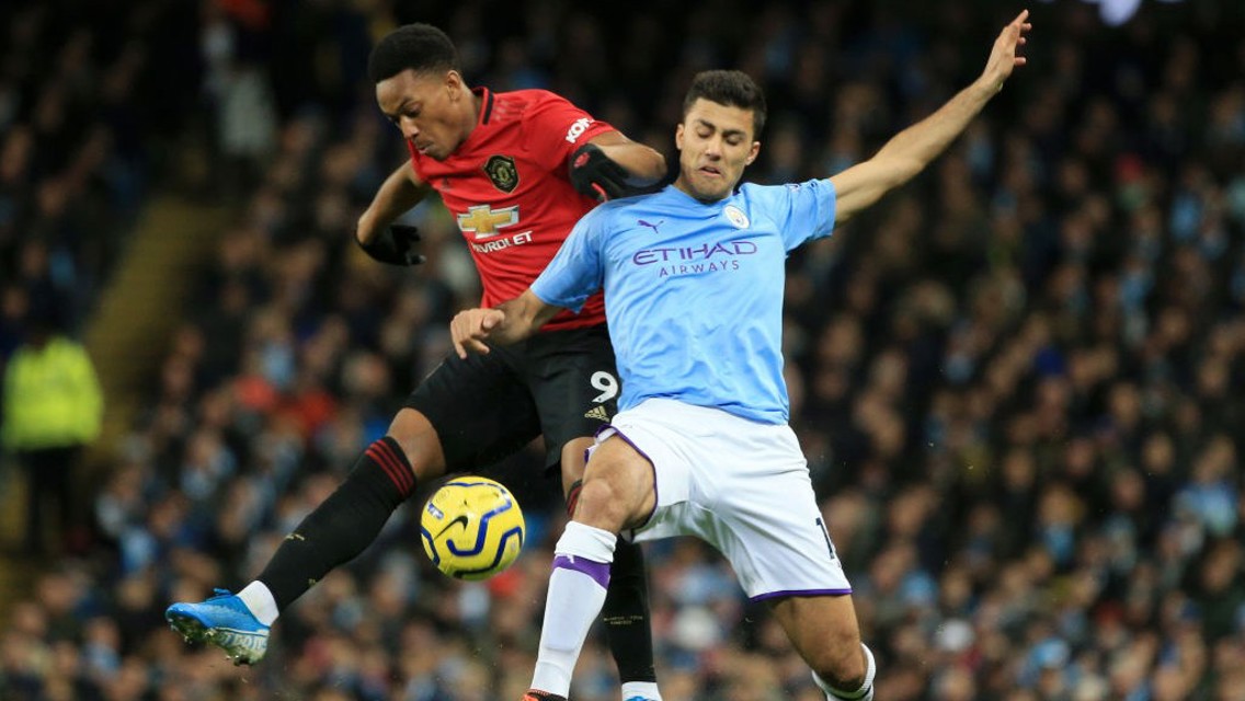 WELCOME: Rodrigo at full throttle in his first Manchester derby.