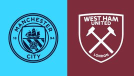 Logos of Manchester City and West Ham United on a split background, blue and claret.