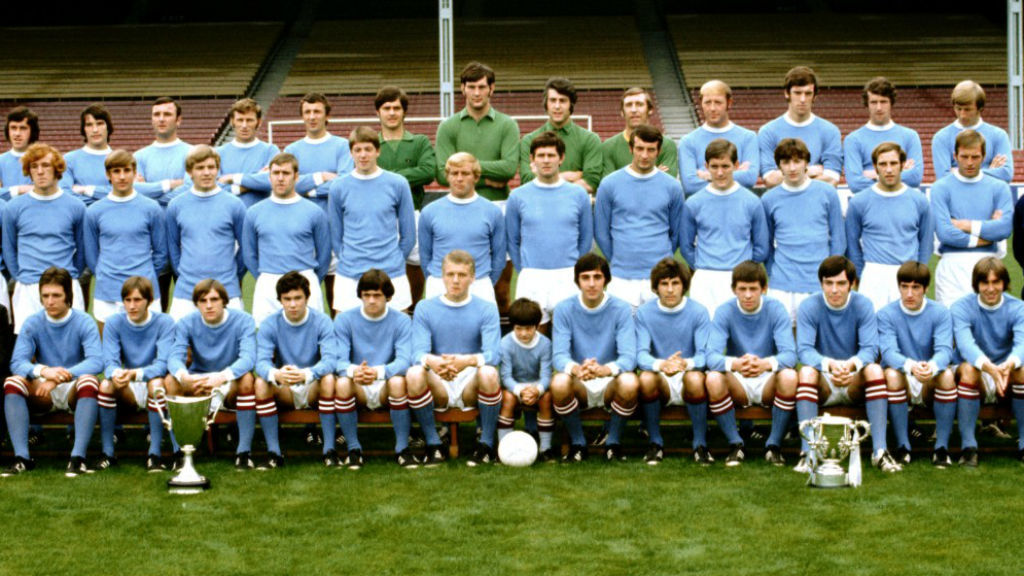 TROPHY HUNTERS: Alan Oakes (middle row far right) and the City squad after our twin Cup successes of 1970