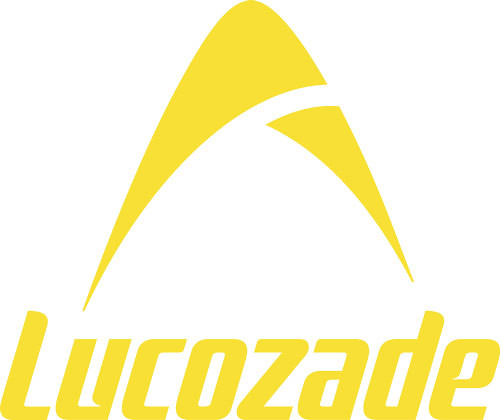 Lucozade logo in yellow color featuring an abstract shape above the brand name.