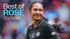 A Manchester City women's player smiling, wearing a black kit with 'Best of Rose 2025/26' text overlay.