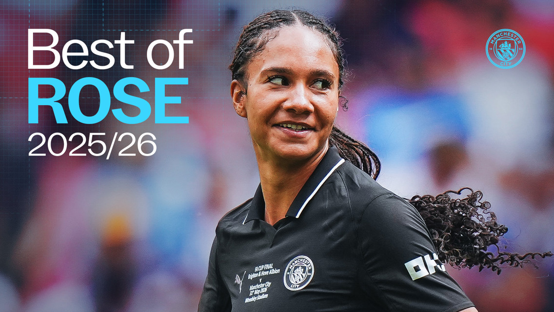 A Manchester City women's player smiling, wearing a black kit with 'Best of Rose 2025/26' text overlay.