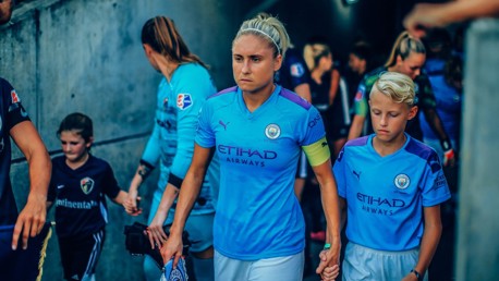 FOCUSSED: Steph Houghton leads out her side in the US.