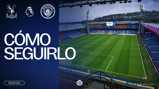 Football pitch at Selhurst Park stadium with Crystal Palace and Manchester City logos, match details 'Cómo seguirlo' and time '20:00 (UK)', date 'Sábado 28 Ago 2026'.