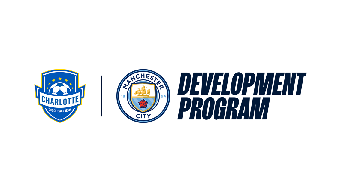 Image featuring logos of Charlotte Soccer Academy and Manchester City, with the text 'Development Program' beside them.