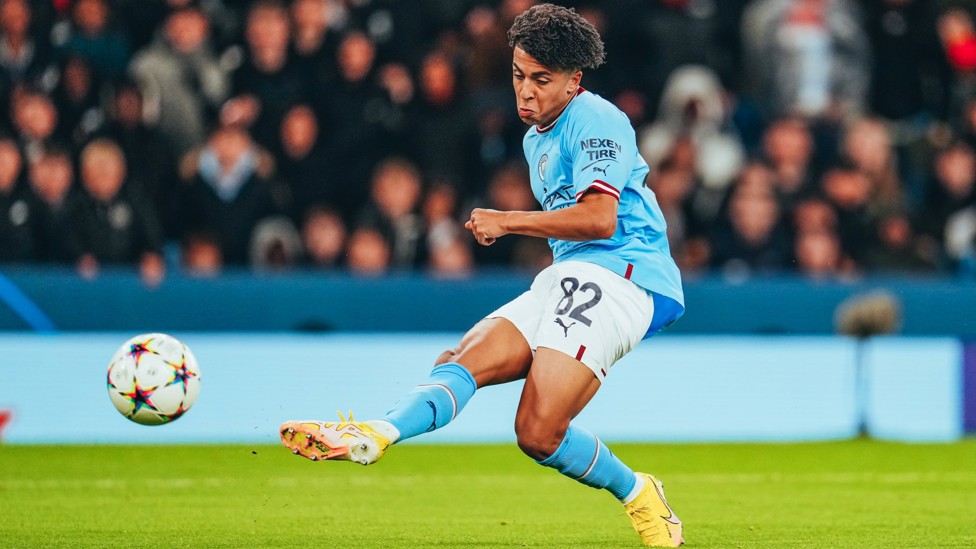 FIRST STRIKE : Rico Lewis lights up the stage, scoring his fist goal against Sevilla in his first senior start.