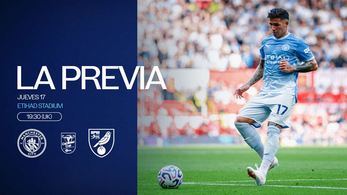 Manchester City match preview against Norwich City at Etihad Stadium on Thursday 17, 19:30 UK time. Featured player in light blue kit.