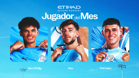 Image showing nominees for Manchester City's Player of the Month award, featuring blurred out faces of three players wearing the team's kit, labeled as Nico O'Reilly, Nico, and Phil Foden, under the Etihad sponsorship banner.