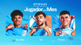 Image showing nominees for Manchester City's Player of the Month award, featuring blurred out faces of three players wearing the team's kit, labeled as Nico O'Reilly, Nico, and Phil Foden, under the Etihad sponsorship banner.