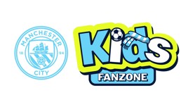 Manchester City logo next to Kids Fanzone logo with a soccer ball and scarf incorporated in the design.