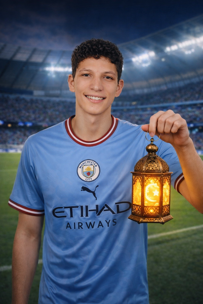 A person wearing a Manchester City jersey holds a glowing lantern on a football field.