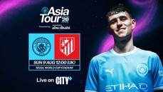 Asia Tour '26 promotional image featuring a match between Manchester City and Atletico Madrid at Seoul World Cup Stadium on Sunday, August 9 at 12:00 (UK) time. The match will be broadcast live on CITY+.