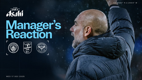 Graphic featuring 'Manager's Reaction' text with logos of Manchester City, Brentford FC, and Carabao Cup. Date: Wed 17 Dec 2025. Blurred image of a person in winter clothing.