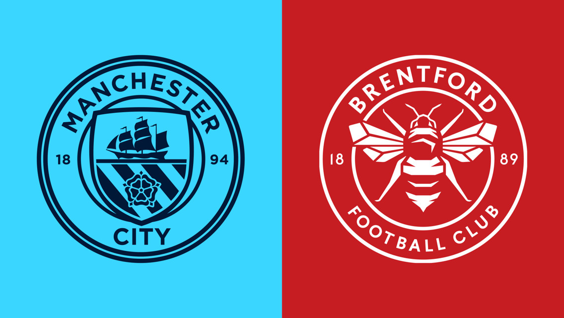 Side-by-side logos of Manchester City and Brentford, featuring the Manchester City crest on a blue background and the Brentford crest on a red background.