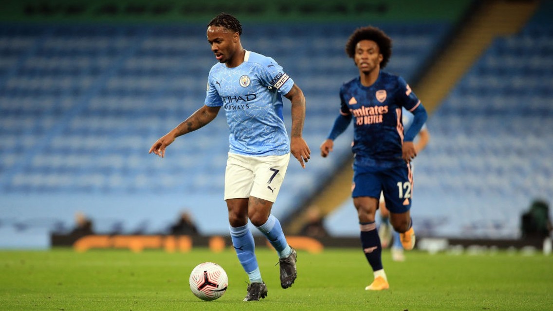 CAPTAIN FANTASTIC: Sterling leads the team forward on the attack again.