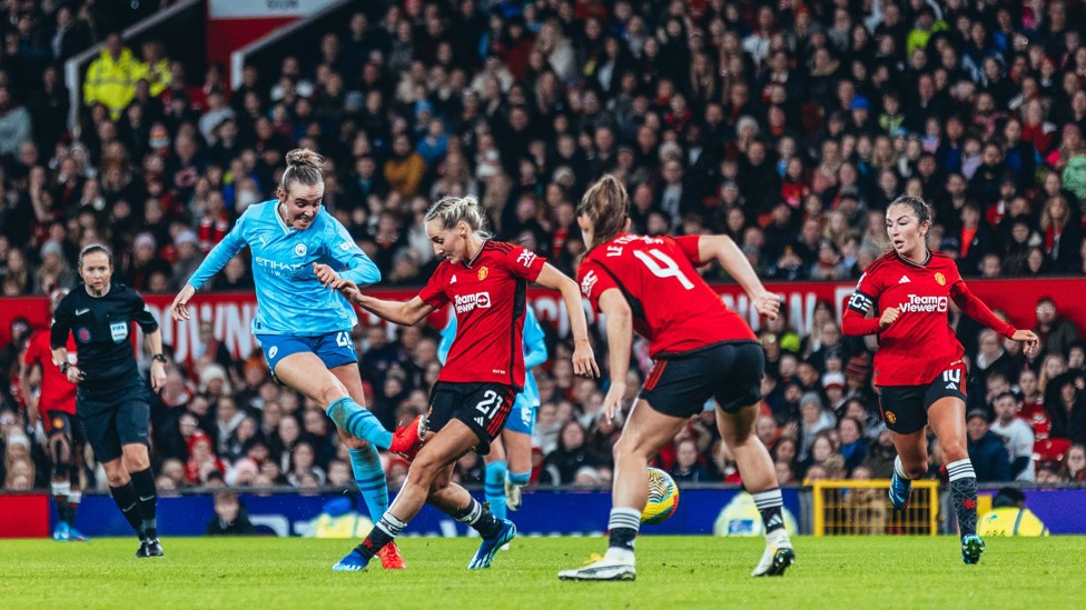 DERBY DELIGHT : Roord’s strike at Old Trafford set City on our way to a 3-1 win over Manchester United