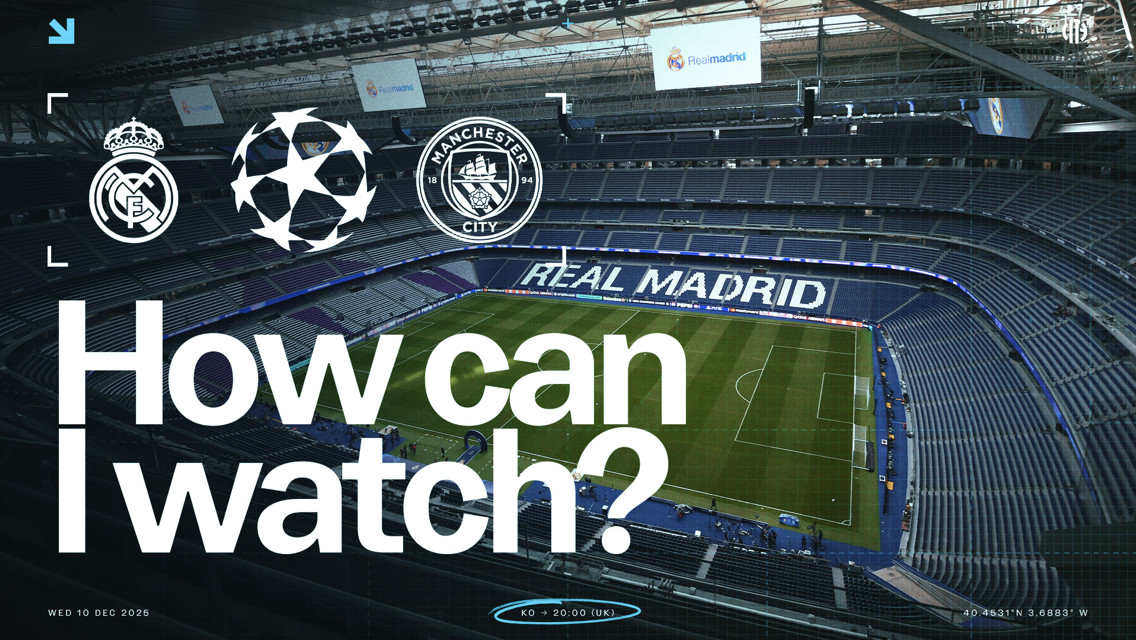Image of an empty Real Madrid stadium with overlay text asking 'How can I watch?' along with logos of Real Madrid and Manchester City. The event is scheduled for Wednesday, December 10, 2025.