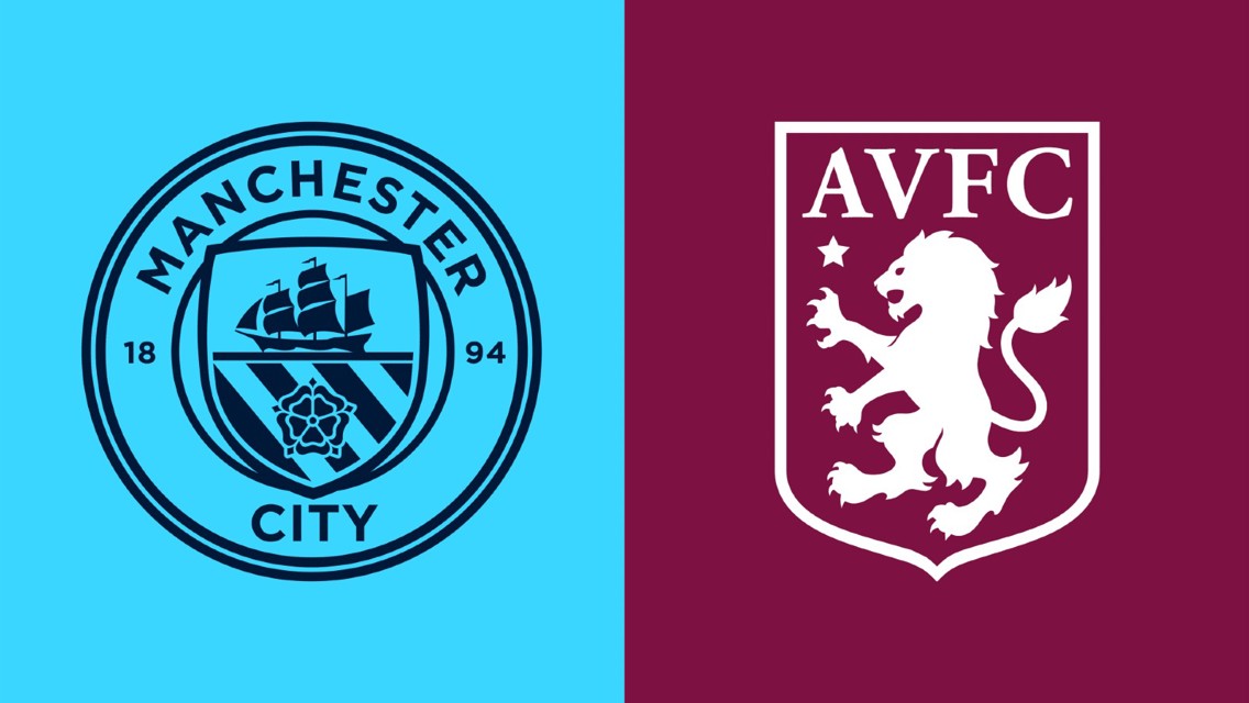 Split image showing the logos of Manchester City and Aston Villa FC on their team colors.