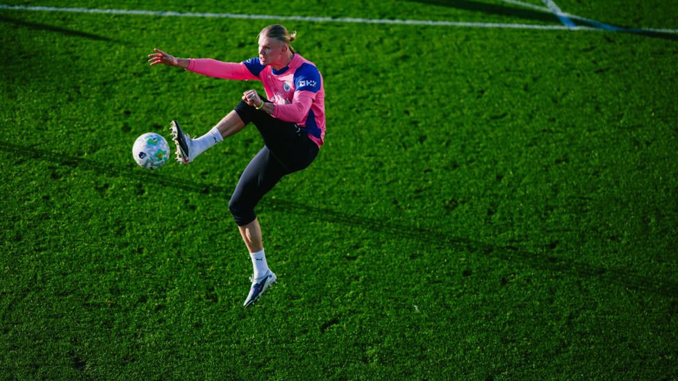 ON TARGET : Erling Haaland meets an aerial ball