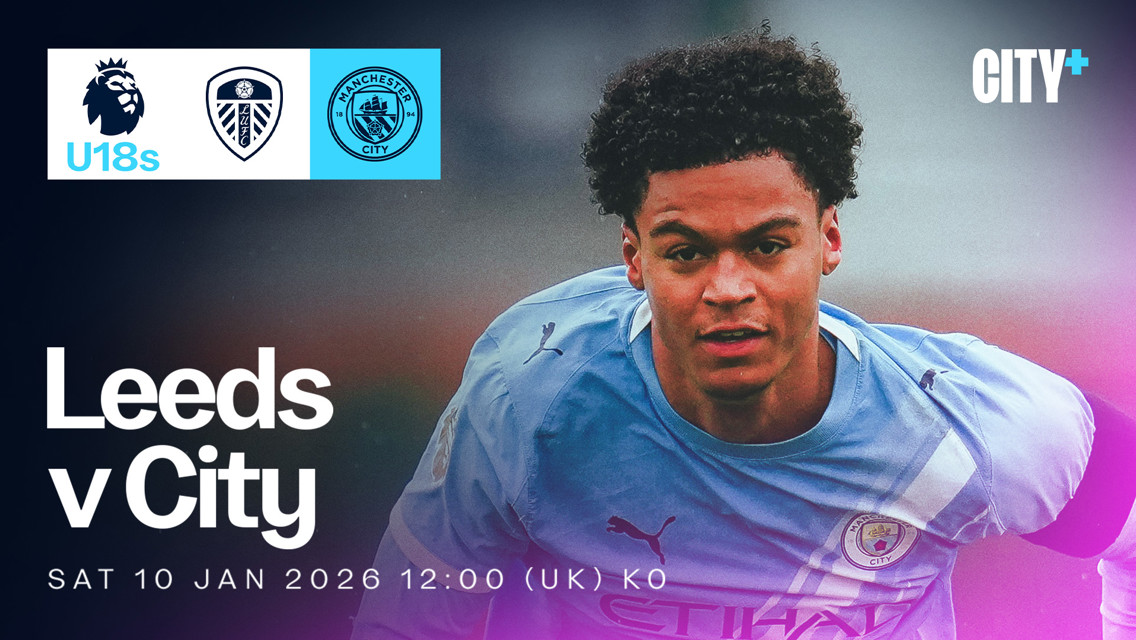 Promo image for U18 match between Leeds United and Manchester City on 10 Jan 2026 at 12:00 UK time.