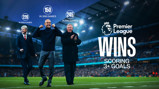 Image of three football managers with victories in Premier League games scoring 3+ goals. Featured are 228 wins in 828 games, 150 in 358 games, and 245 in 810 games.