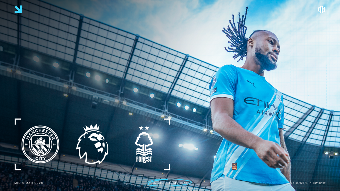 Manchester City player's blurred image on the pitch with club logos and Premier League details. Date: 4 Mar 2026.