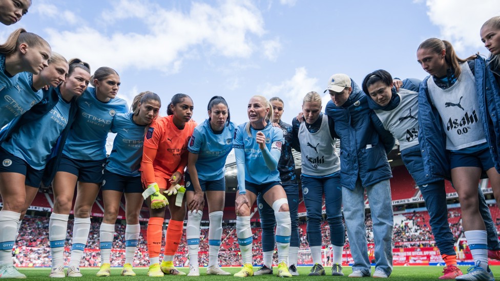 CAPTAIN FANTASTIC: Alex Greenwood delivers her pre-match team talk ahead of the Manchester derby at Old Trafford - May 2025