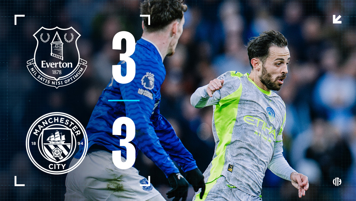 Match scoreboard showing Everton and Manchester City drew 3-3 in a Premier League game. Logos of both teams are visible.