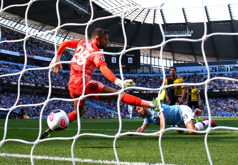 Heads up! : Bernardo Silva, on his way to a hat-trick in the 8-0 win over Watford
