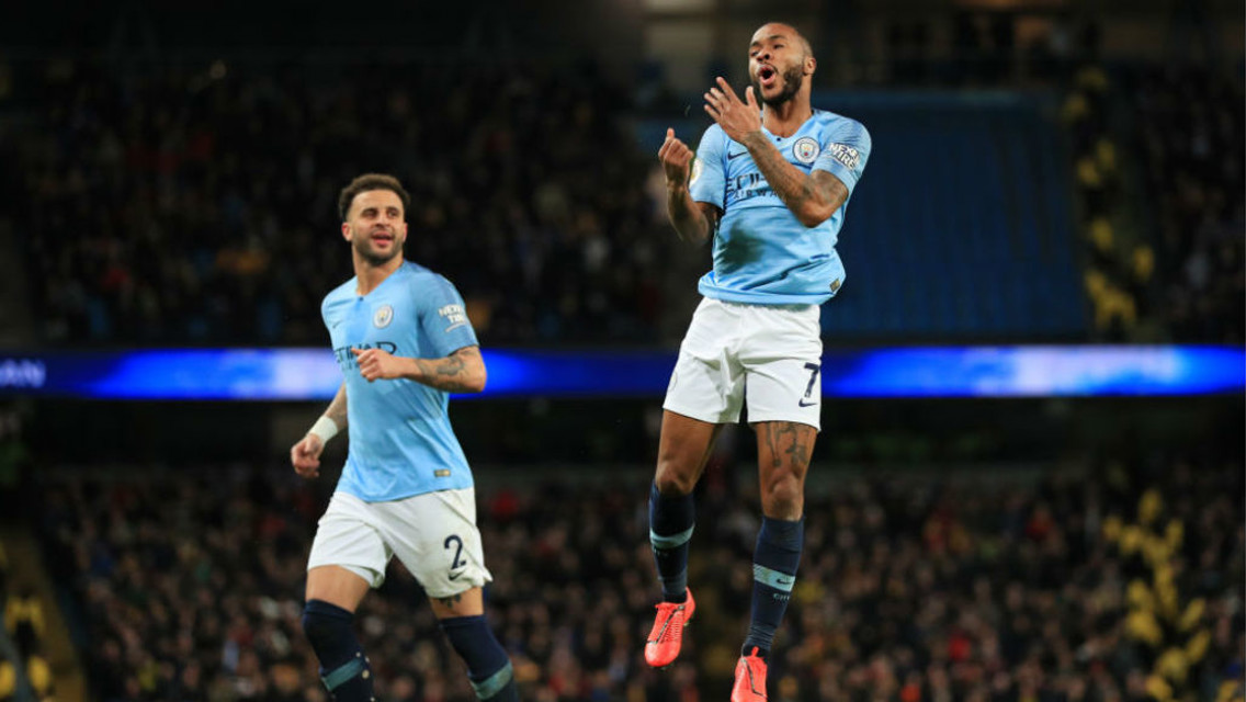 JUMPING FOR JOY: Raheem celebrates after sealing his hat-trick
