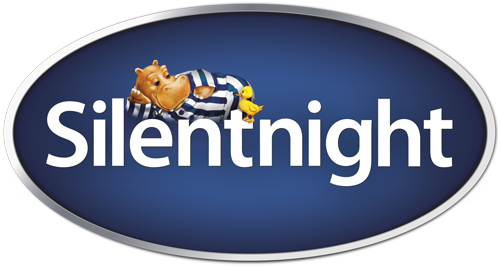 Blue oval logo with 'Silentnight' text featuring a cartoon hippo and duck above the letters.