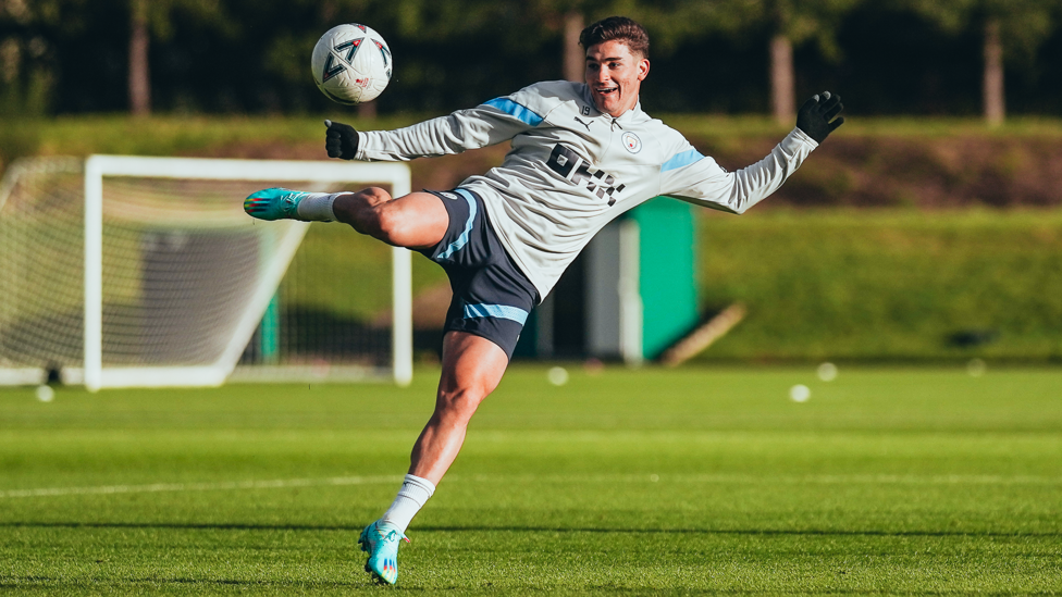 EYES ON THE PRIZE : Julian Alvarez focuses on striking the ball