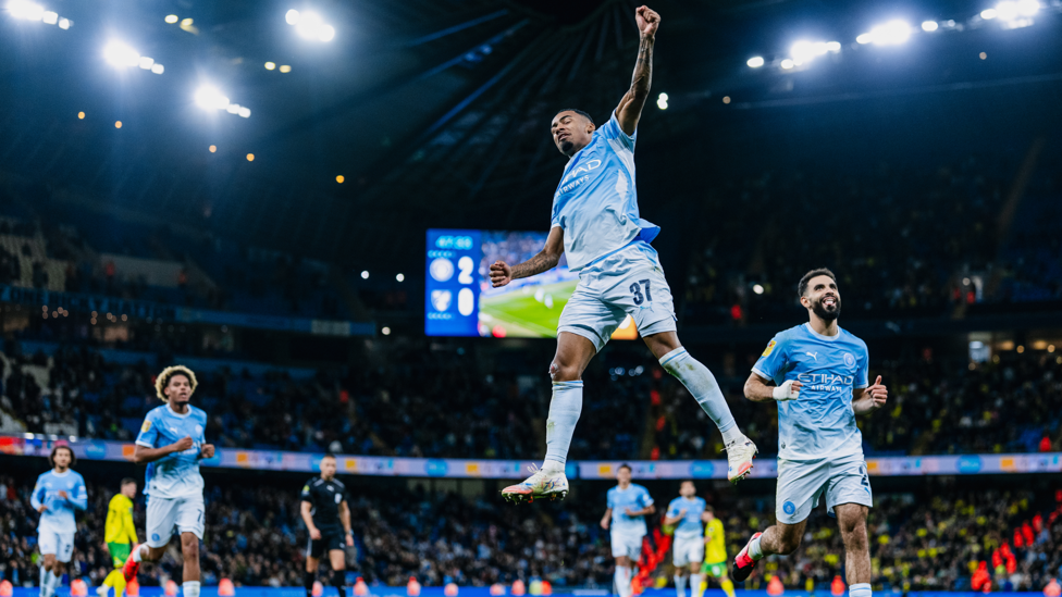 JUMP FOR JOY: City debutant Allan celebrates his goal.