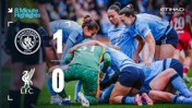 Manchester City Women's football team celebrates their 1-0 victory against Liverpool with the final score displayed on the image.