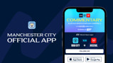 Manchester City official app showing commentary by Alistair Mann & Megan Campbell for a Women's Super League match between Man City and Arsenal at 16:30. Available on CITY+. Downloadable via App Store and Google Play.