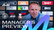 A manager giving a preview for a Manchester City Women vs Birmingham City Women match in the Barclays WSL. Logos of Manchester City and Birmingham City are visible.