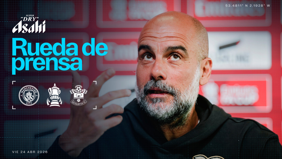 Promotional image for a press conference featuring Manchester City and Southampton logos, dated April 24, 2026, associated with the FA Cup.