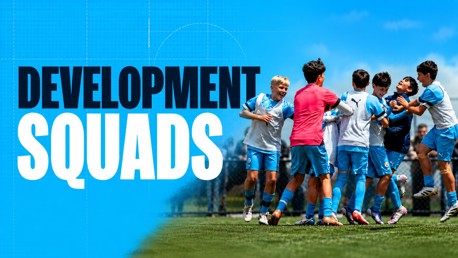 Image featuring a group of young football players celebrating on a field, with the text 'Development Squads'.