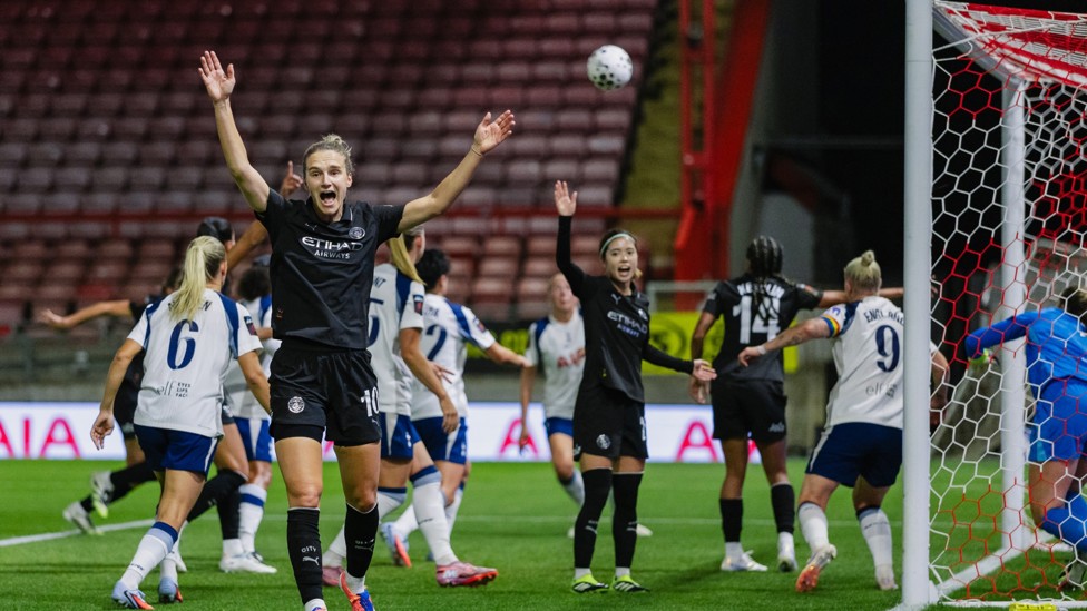 DOUBLE TROUBLE : Vivianne Miedema and Yui Hasegawa are convinced the former's header has crossed the line
