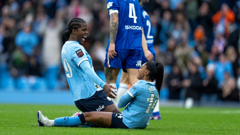 ATTACKING THREAT: Bunny Shaw and Kerolin celebrate once again after our third goal