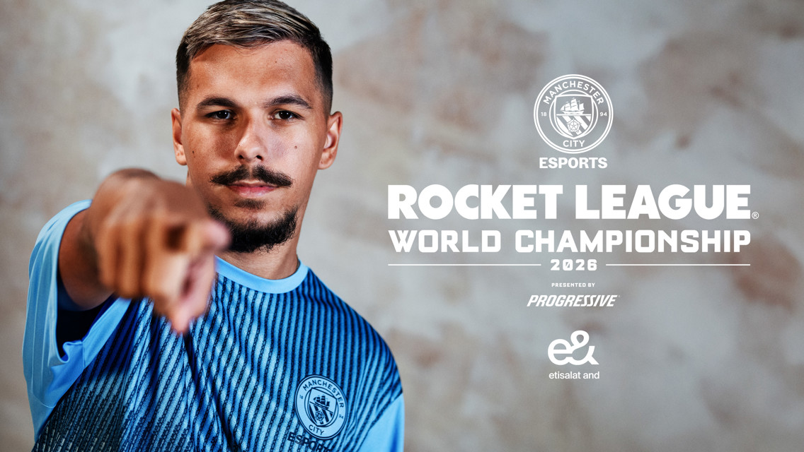 A man wearing a Manchester City esports jersey points towards the camera. Text reads 'Rocket League World Championship 2026 presented by Progressive'.