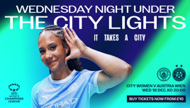Promotional image for Manchester City Women's UEFA Champions League match against Austria Wien, highlighting ticket prices and match date.