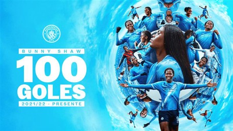 Graphic celebrating Bunny Shaw's achievement of scoring 100 goals for Manchester City from 2021/22 to present.