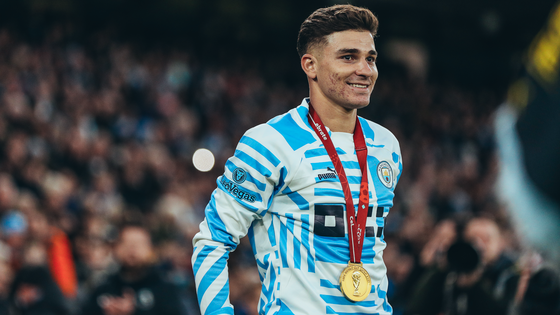 GOLD MEDAL : Julian Alvarez receives the applause of the Etihad crowd following his exploits in Qatar 2022.