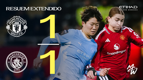 Scoreboard displaying a 1-1 draw between Manchester United and Manchester City, featuring two players competing for the ball.